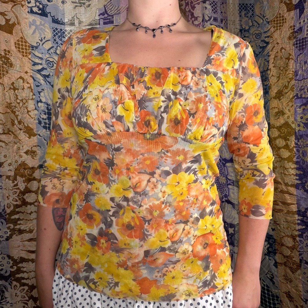 Whimsy Yellow Floral Mesh Cottagecore Twee 3/4 Sleeve Square Neck Blouse Size XL